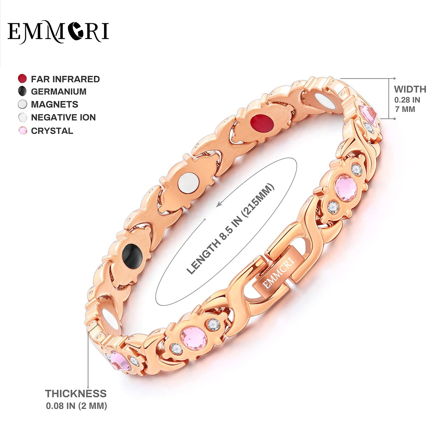 EMMORI Ultra Strength Magnetic Bracelet for Woman - 3,500 Gauss Per Magnet -Crystal Bracelet - Adjustable Length -Pulseras Magneticas (Rose Gold)
