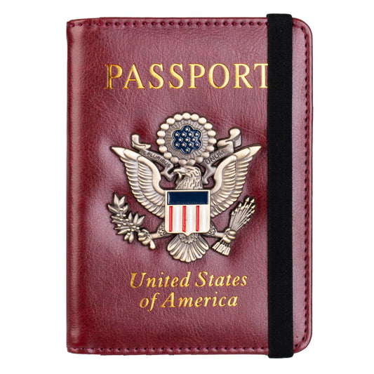 TOURSUIT RFID Blocking Passport Holder for Women Men, Leather Passport Travel Wallet with 3D Metal Badge, Travel Document Organizer Cover Accessories (Rose Red)
