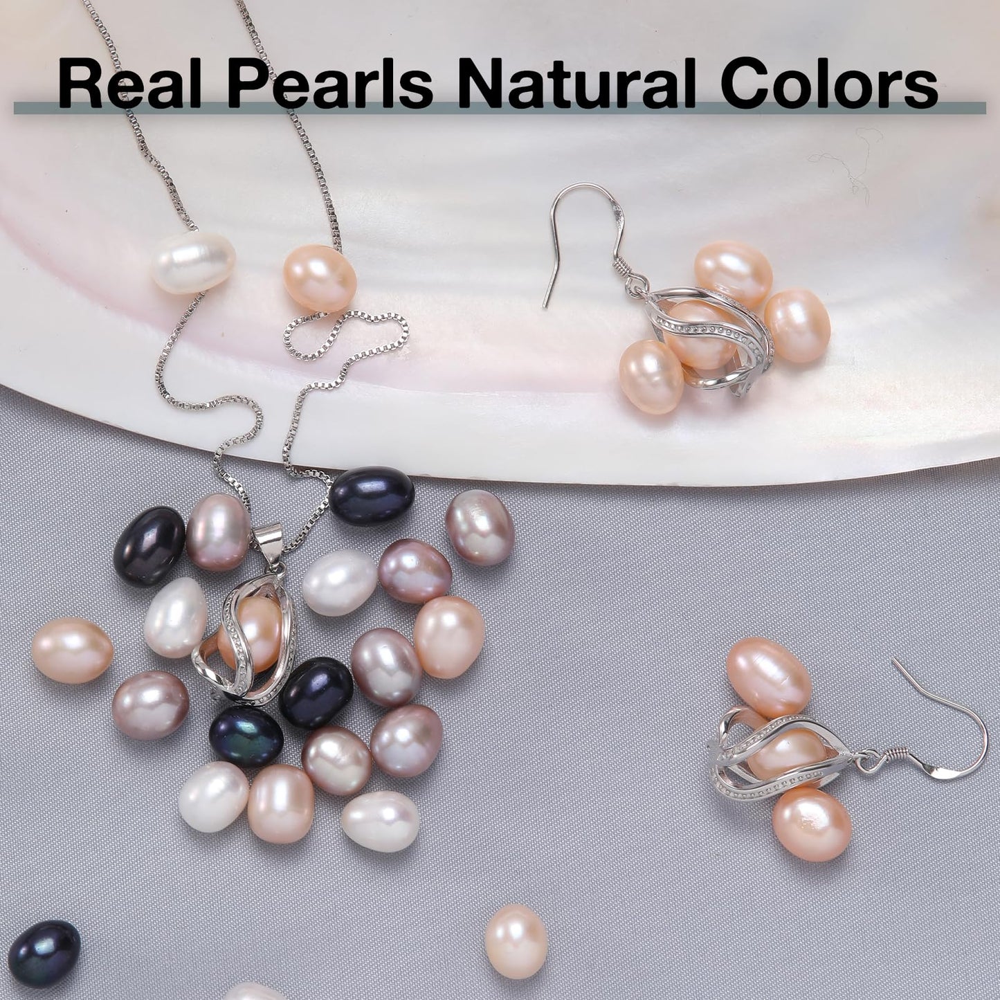 HENGSHENG Pearl Jewelry Set For Women S925 Sterling Silver Necklace & Earrings Set Freshwater Pearl Pendant Cage Set for Wedding Anniversary Prom Birthday Gift - Silvery Pink