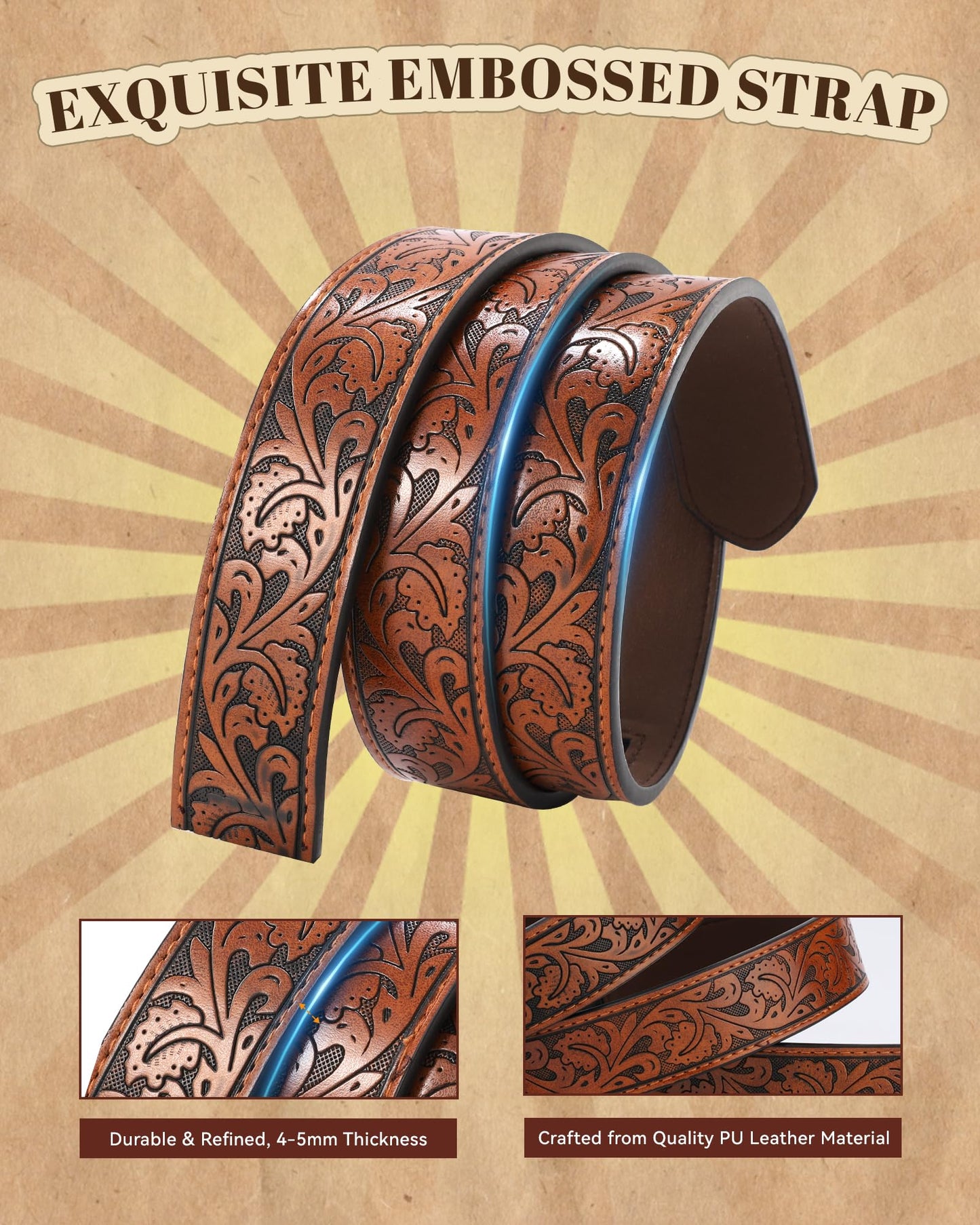 AWAYTR Kids Ratchet Western Belt - PU Leather Cowboy Belt Adjustable Toddler to Big Kid Sizes for Jeans (Gunmetal Gold Horse-Brown, Fit Waist: 26.5"-30")