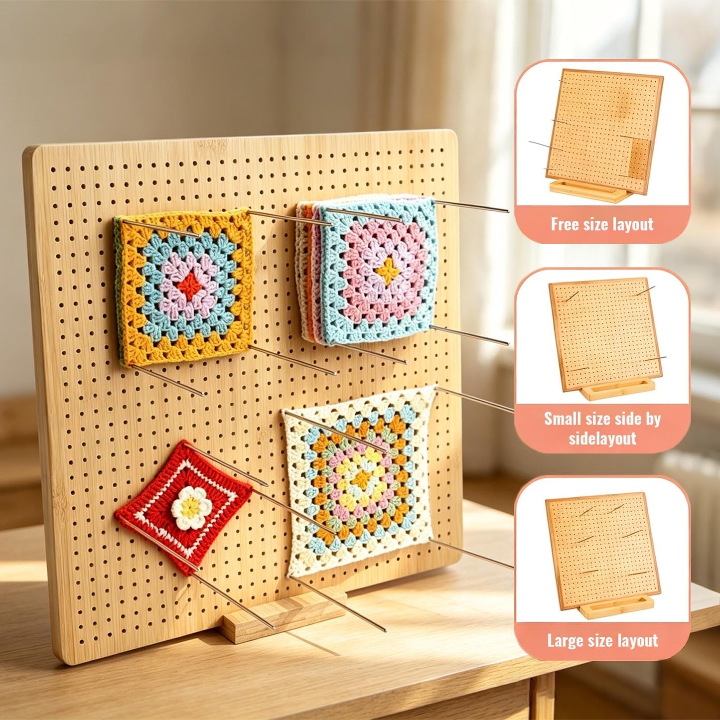 9x9 Inch Crochet Blocking Board, Bamboo Granny Square Blocking Mat with 12 Stainless Steel Pegs, Wooden Base and 5 Yarn Needles, Gifts for Crocheters