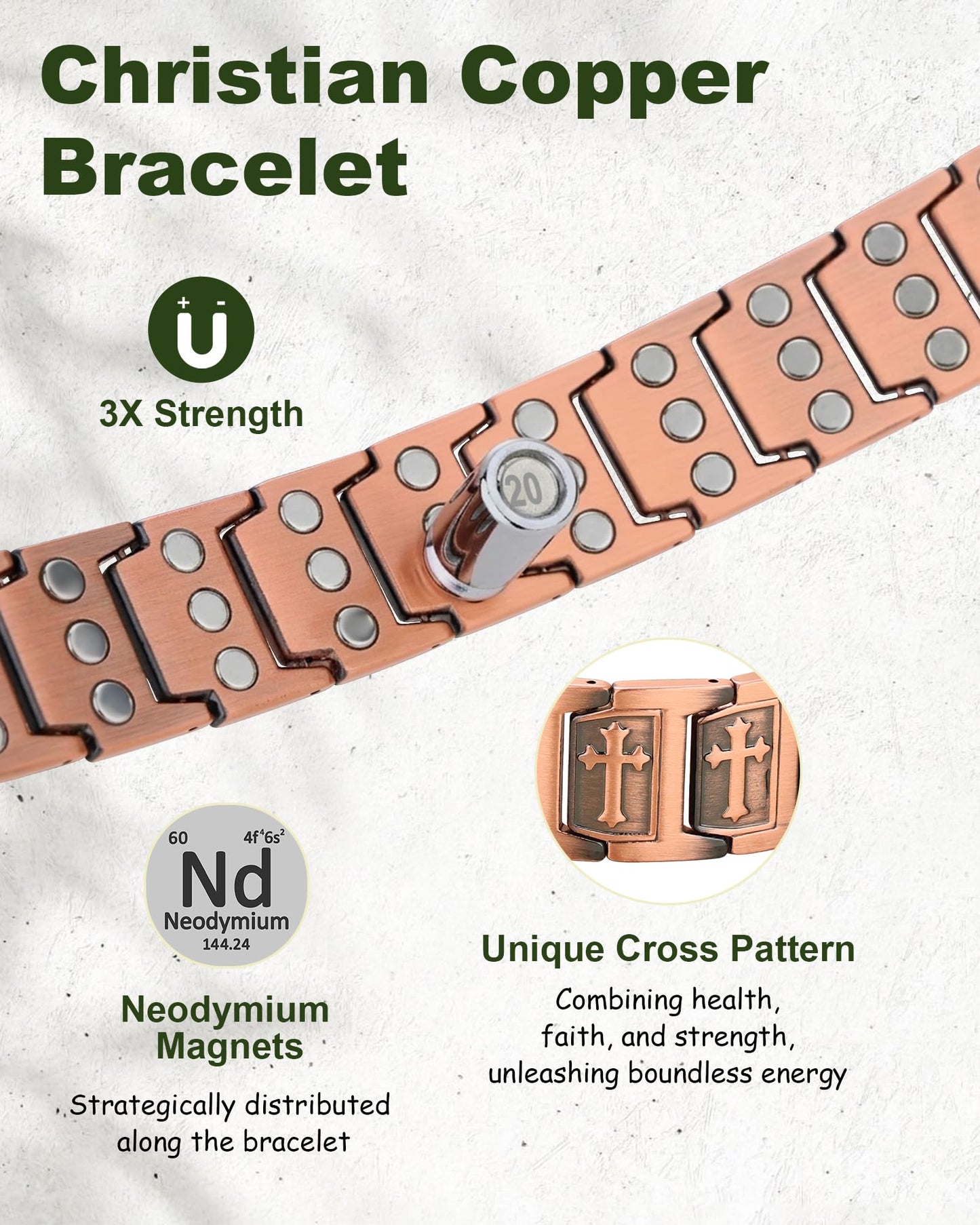 MagEnergy 99.99% Copper Bracelet for Men, Cross Copper Magnetic Bracelet with 3800 Gauss Magnets, Adjustable with Sizing Tool, Pulsera de cobre para Hombre, Men's Jewelry Gift