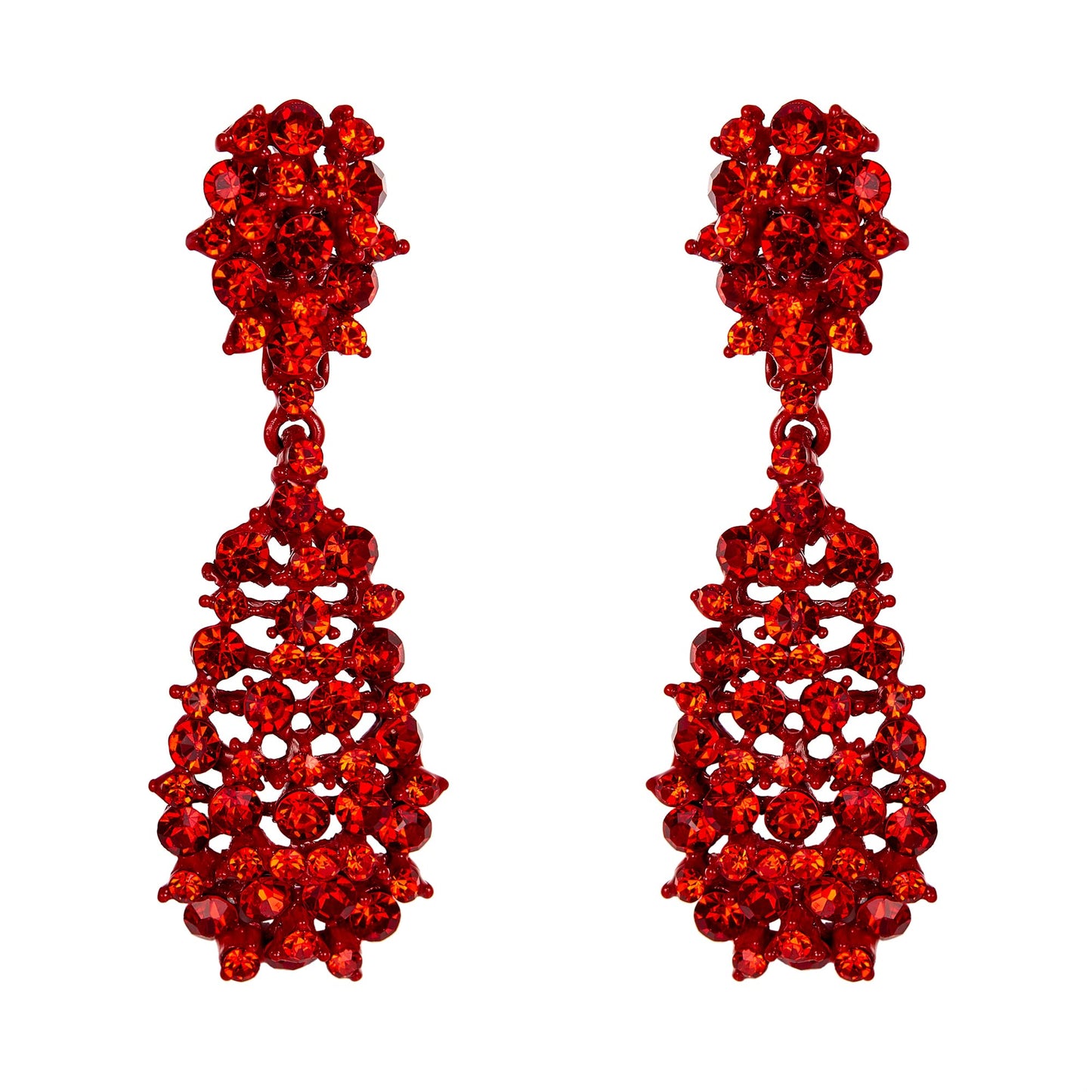 EVER FAITH Women's Costume Jewelry Crystal Floral Behimia Hollow Teardrop Dangle Clip-on Earrings Red Red-Tone