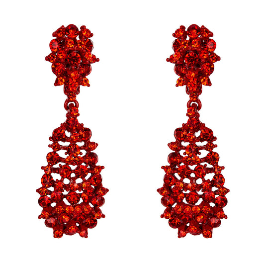 EVER FAITH Women's Costume Jewelry Crystal Floral Behimia Hollow Teardrop Dangle Clip-on Earrings Red Red-Tone