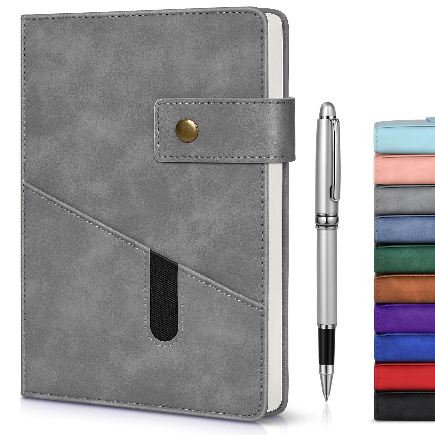 Lined Journal Notebook with Pen, A5 Personalized Hardcover Leather Journal for Men Women, 200 Pages 100 GSM Thick Paper College Ruled Notebooks for Work Travel School Writing Diary 5.9" X 8.4" Grey