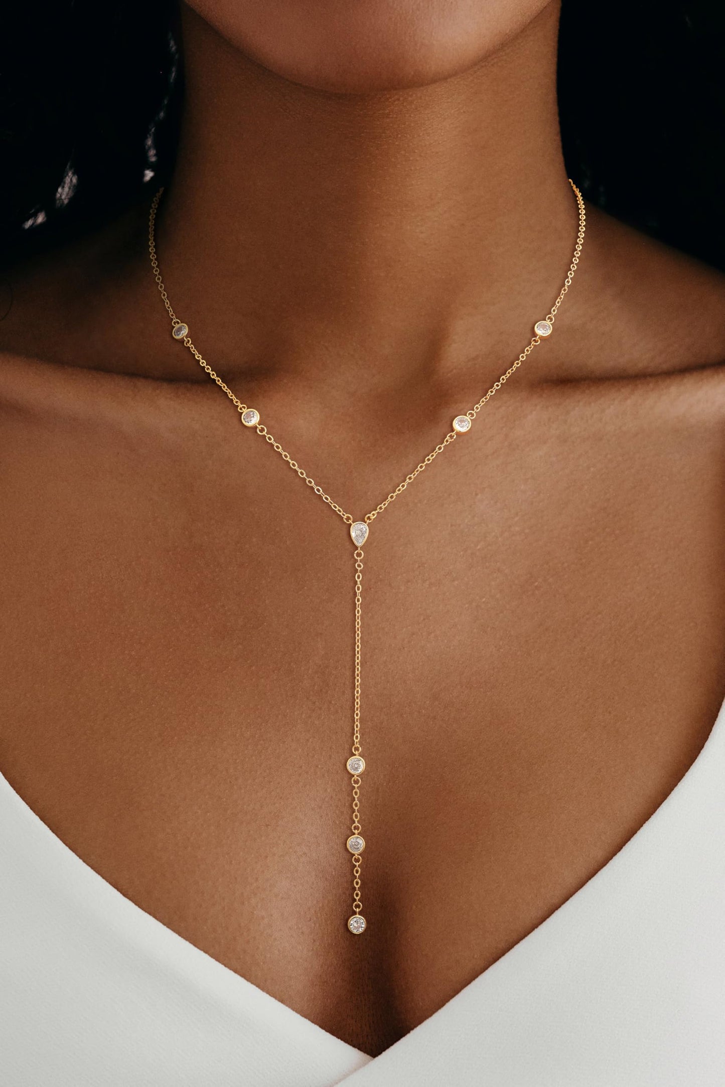 CHESKY Lariat Gold Necklace for Women, Dainty Long Necklace 14k Gold Plated Y-Shaped Pendant Necklace Trendy Layered Waterdrop Cubiz Zircon Drop Necklaces Simple Gold Jewelry for Women Gifts