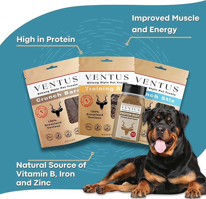 VENTUS Dog Training Treats - Single Ingredient Venison Jerky Liver Treats, All Natural, Air Dried, Low Fat, High Value Training Treats for Dogs, Organic, 8 oz