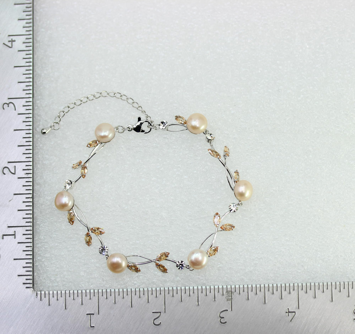 Faship Champagne CZ Crystal Genuine Freshwater Pearls Floral Bracelet 7.5" - 9.5" - Brown/Silver-Tone/Matching Bracelet