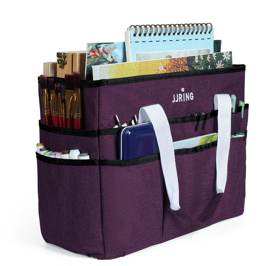 JJRING Craft Organizer Tote Bag, Large Art Storage Caddy with Multiple Pockets, Deep Purple Sewing Bag for Art, Craft, Scrapbooking, Medical, and Office Supplies Storage