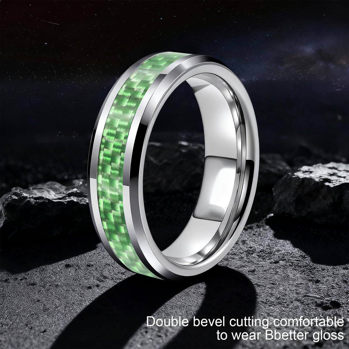 HJIMMNHONG New Carbon Fiber Fashion Rings Double Beveled Edge Delicate Polished Simple Stainless Steel Mens and Women Rings,8mm,Green,Size 7