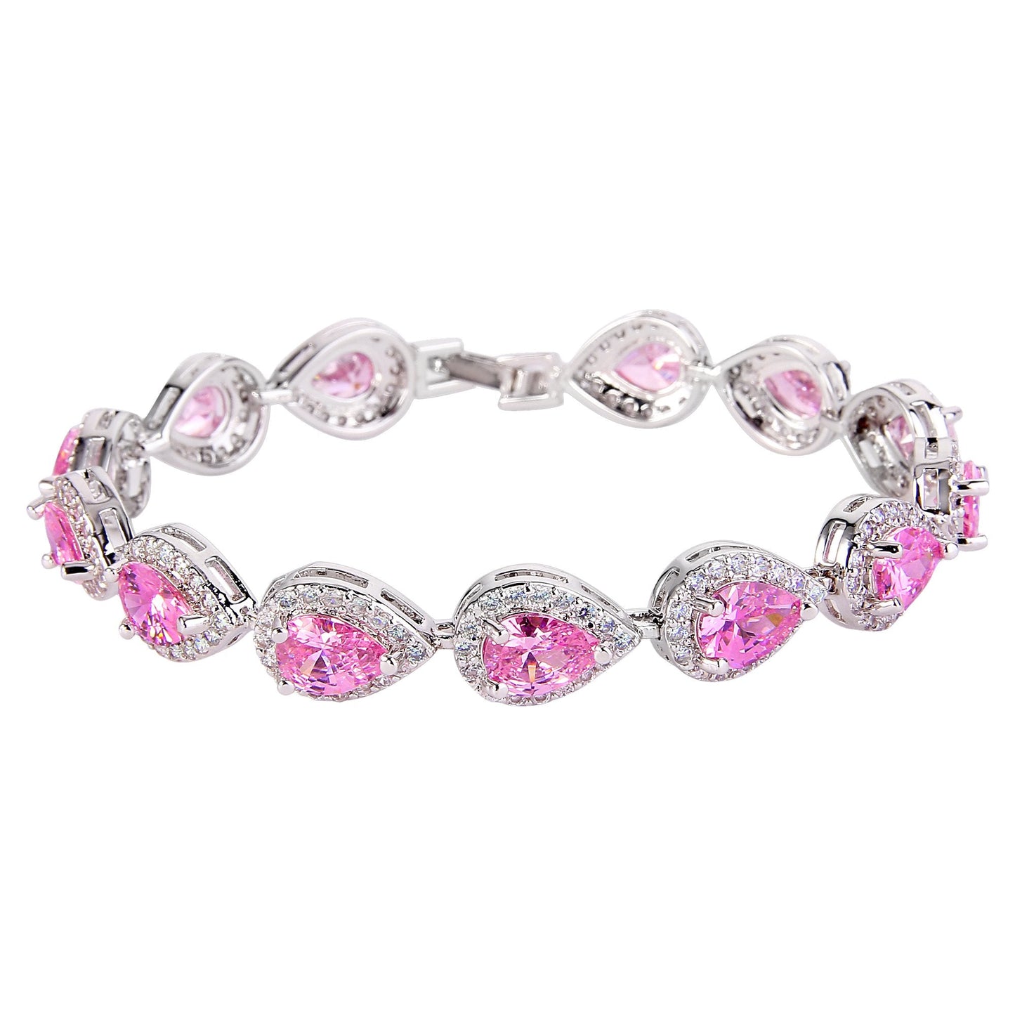 EVER FAITH Wedding Jewelry October Birthstone Pink Tourmaline-Color CZ Tear Drop Necklace Earrings Bracelet Set