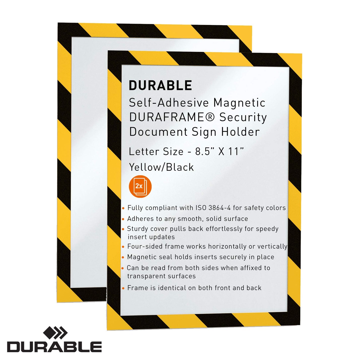 Durable Duraframe Self-Adhesive Magnetic Security Sign Holder - Letter-Size 8.5" x 11" Inch - Yellow & Black Magnetic Frame