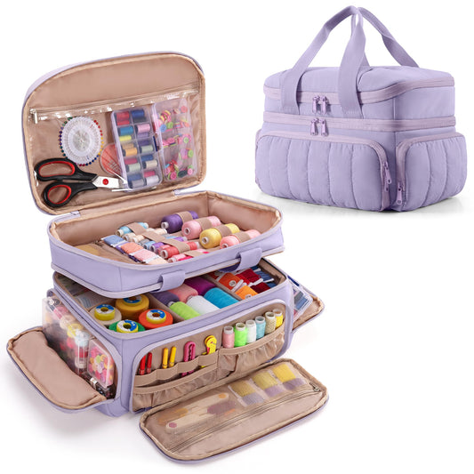 Marscamd Puffer Sewing Organizer Bag, Large Capacity with Multiple Pockets and Detachable Dividers, Storage Box for Threads, Needles, Scissors, Craft Supplies, Purple (Bag ONLY, NO Supplies)