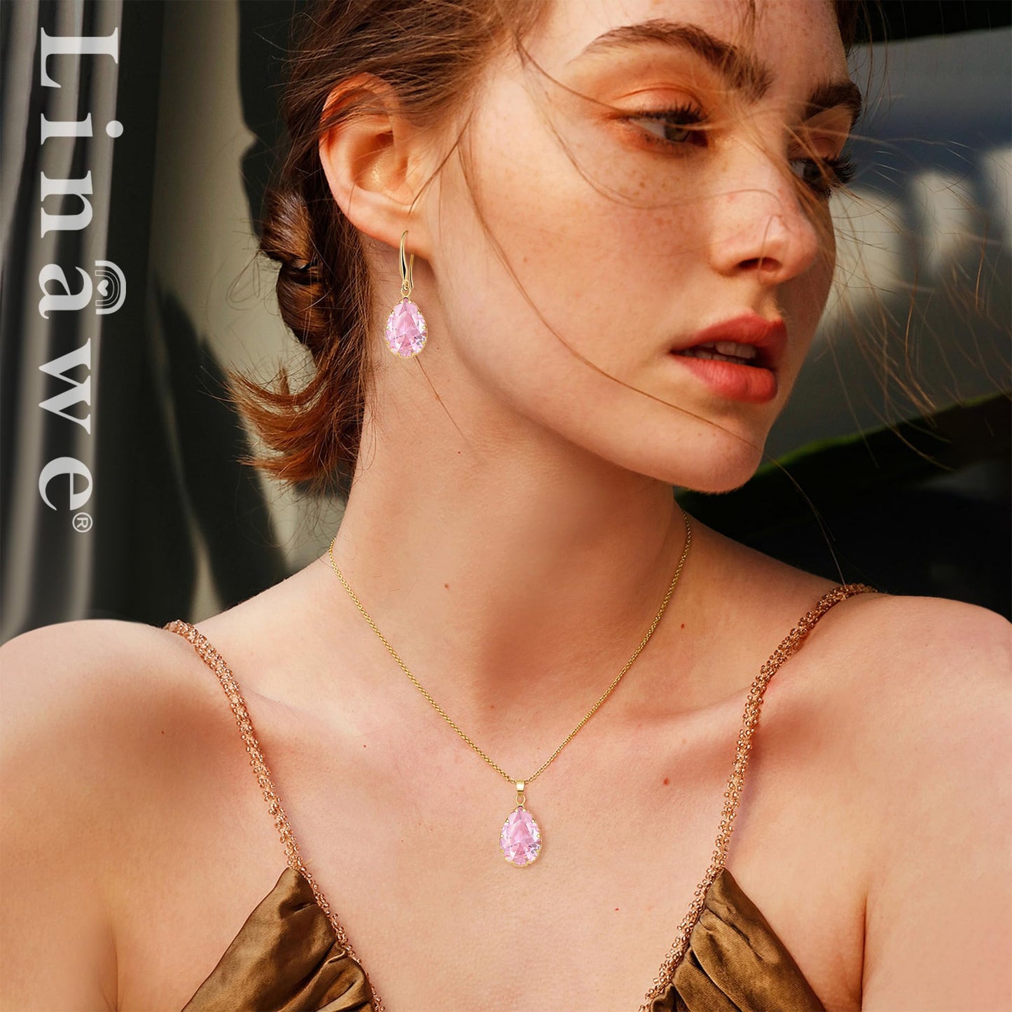 Linawe Pink Jewelry Sets for Women Wedding, Crystal Pendant Necklace Set Pink Earrings Dangling Imitation Diamond Rhinestone Cubic Zirconia Birthstone Dangle Gold Matching