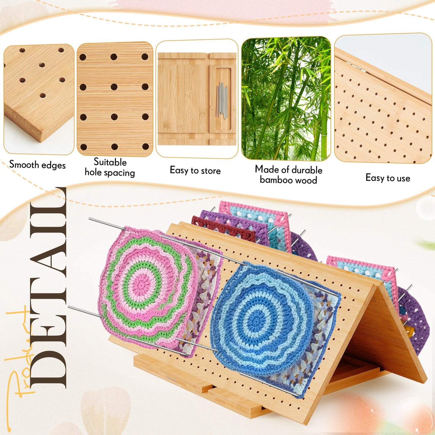 Beeveer 17x17" Foldable Crochet Blocking Board with 10 Pins/Pegs Large Blocking Board for Crocheting Knitting, Bamboo Granny Square Boards, Wooden Crocheting Accessories Gifts for Crocheters