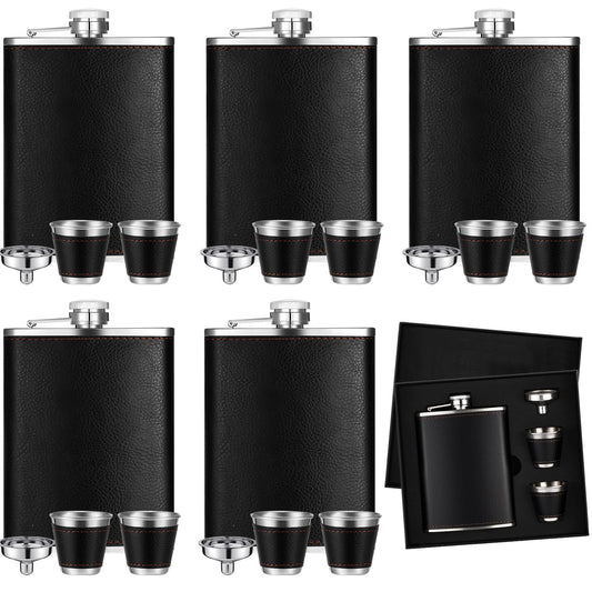 Domensi 6 Set Hip Flask Gift Set Flask for Liquor for Men with Black Leather Cover 8 oz Hip Flask Set 18/8 Stainless Steel Hip Flasks with 2 Cups & Funnel for Men Gift Box, Camping, Wedding Party
