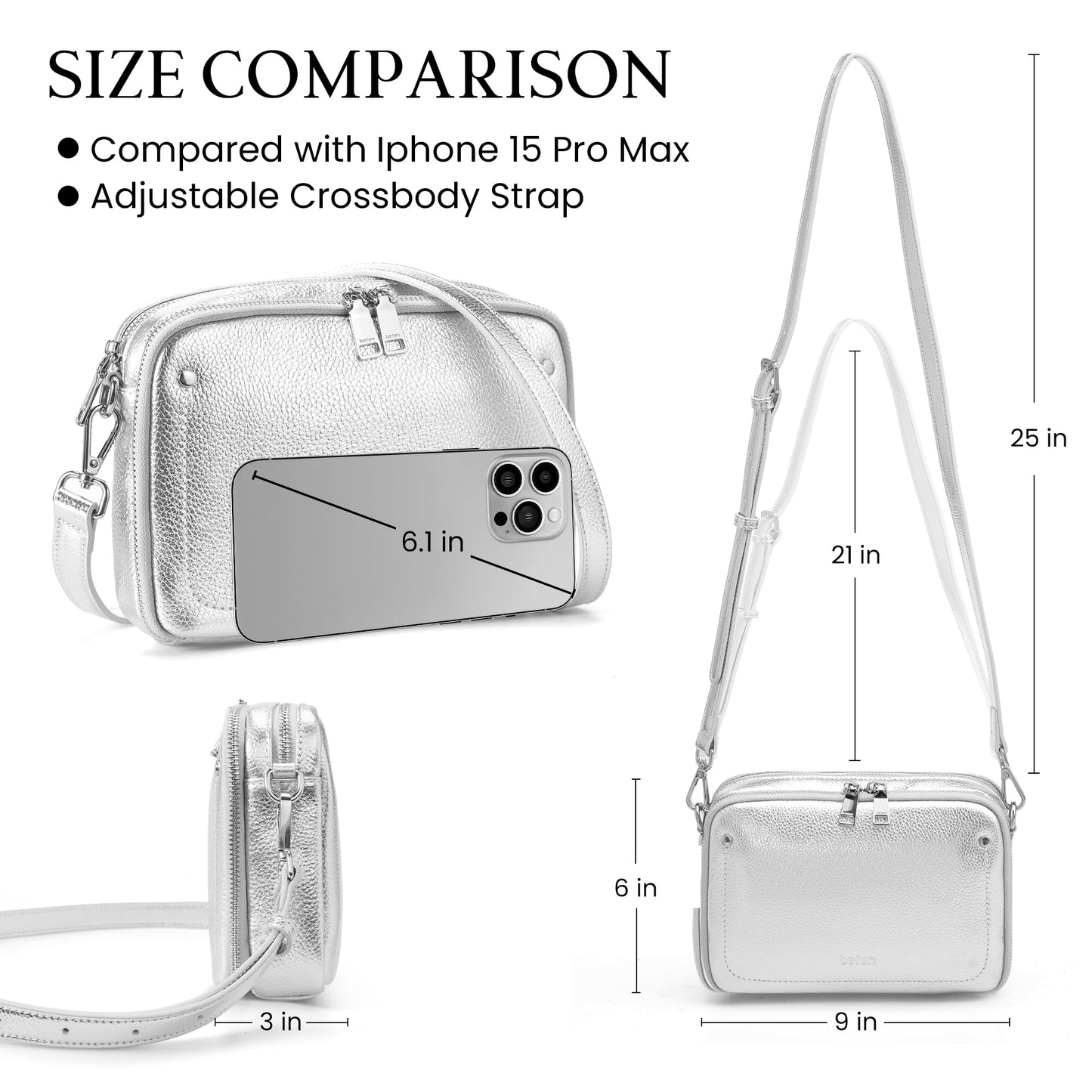 befen Genuine Leather Crossbody Bags for Women, Purses with Built in RFID Wallet Woman Camera Shoulder Bag Handbags (Siver)