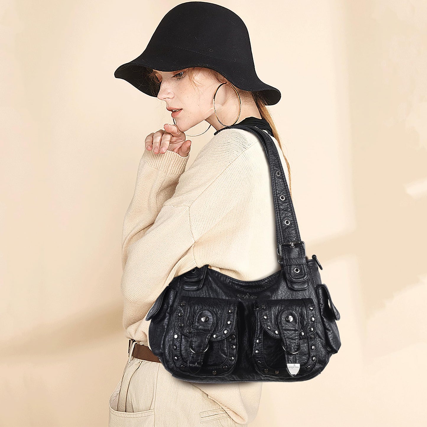 Angel Kiss Hobo Bags For Women Puses and Handbags Multi Pocket Studded Shoulder Bag Y2K Tote Bag