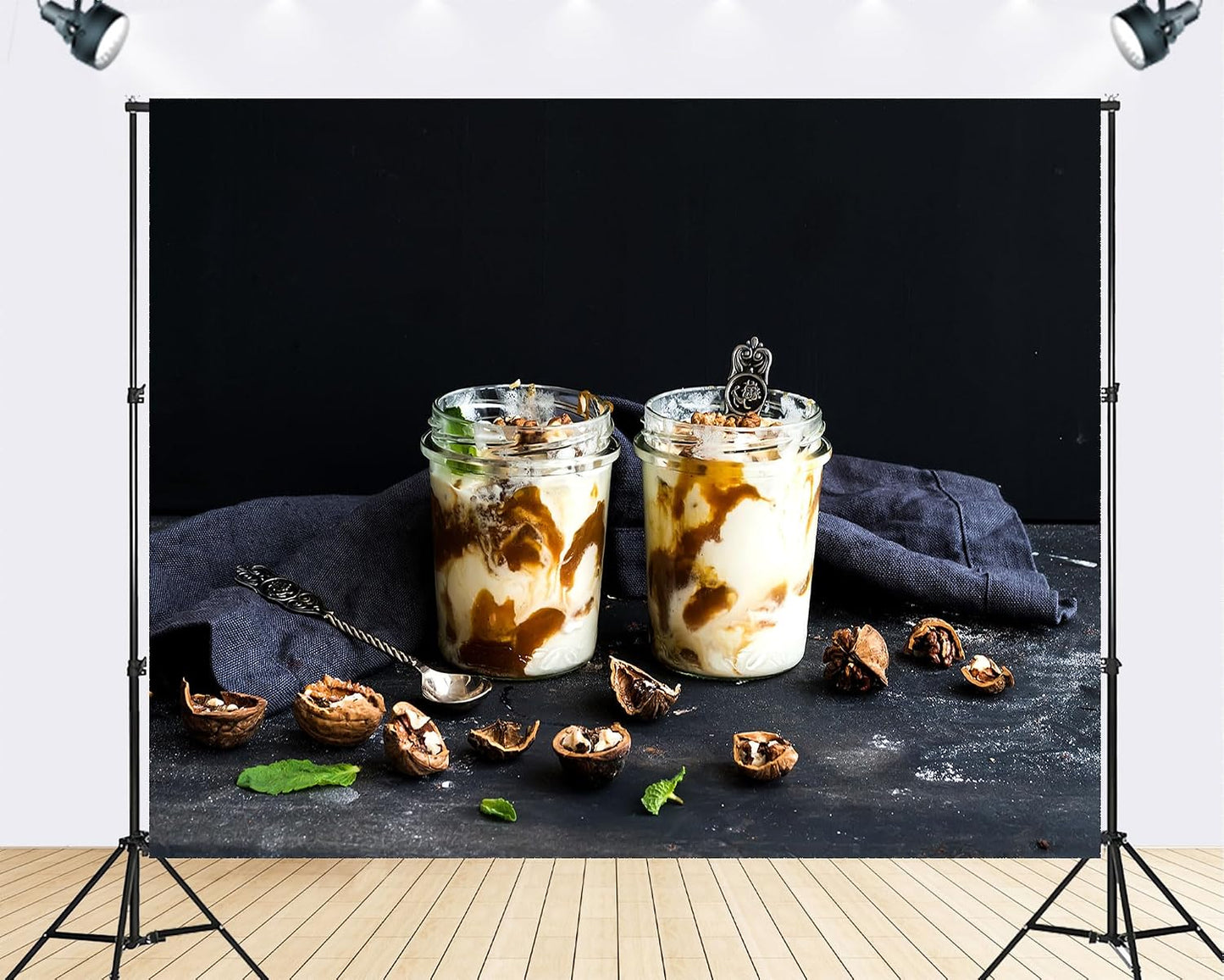 TryKid 8x8ft Yogurt Parfait Backdrop Walnut Caramel Sauce Mint Healthy Dessert Scene Photography Background Gourmet