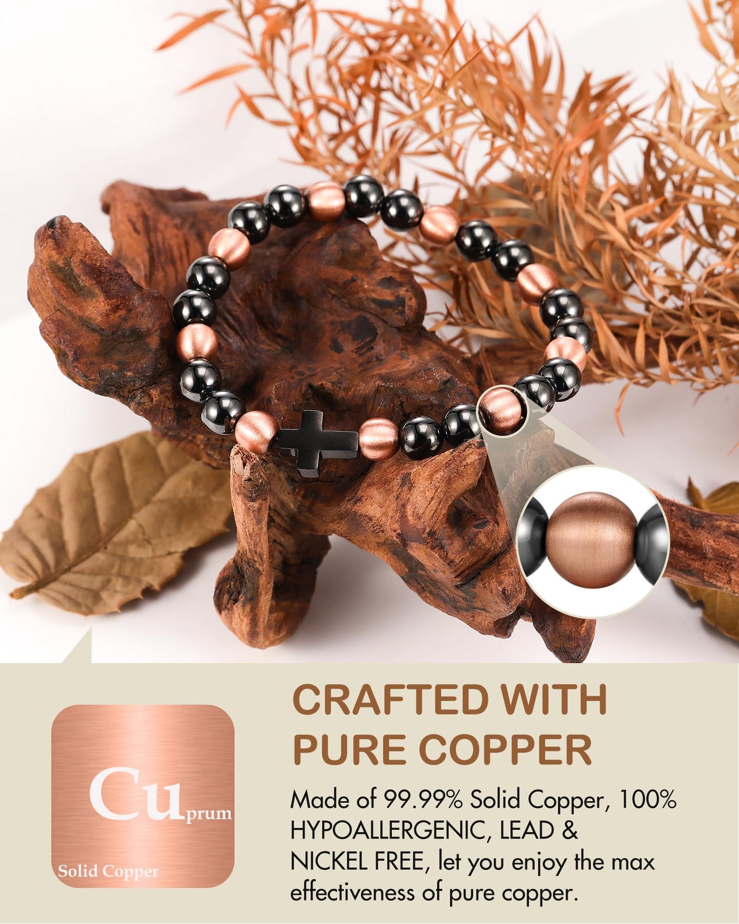 Feraco Pure Copper Magnetic Bead Bracelet for Men Women with Cross, 8mm 99.99% Solid Copper & 3500 Gauss Magnetic Hematite Beads, Unisex Stretch Wristband, Gift-Ready Jewelry