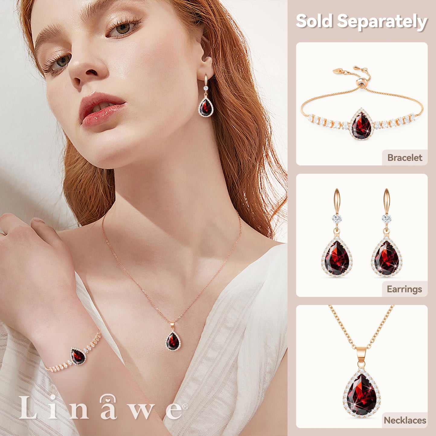 Linawe Ruby Rose Gold Chain Necklace for Women Trendy, Red Crystal Pendant Imitation Diamond Necklace, Boho Costume Jewelry Cubic Zirconia Birthstone Rhinestone Set