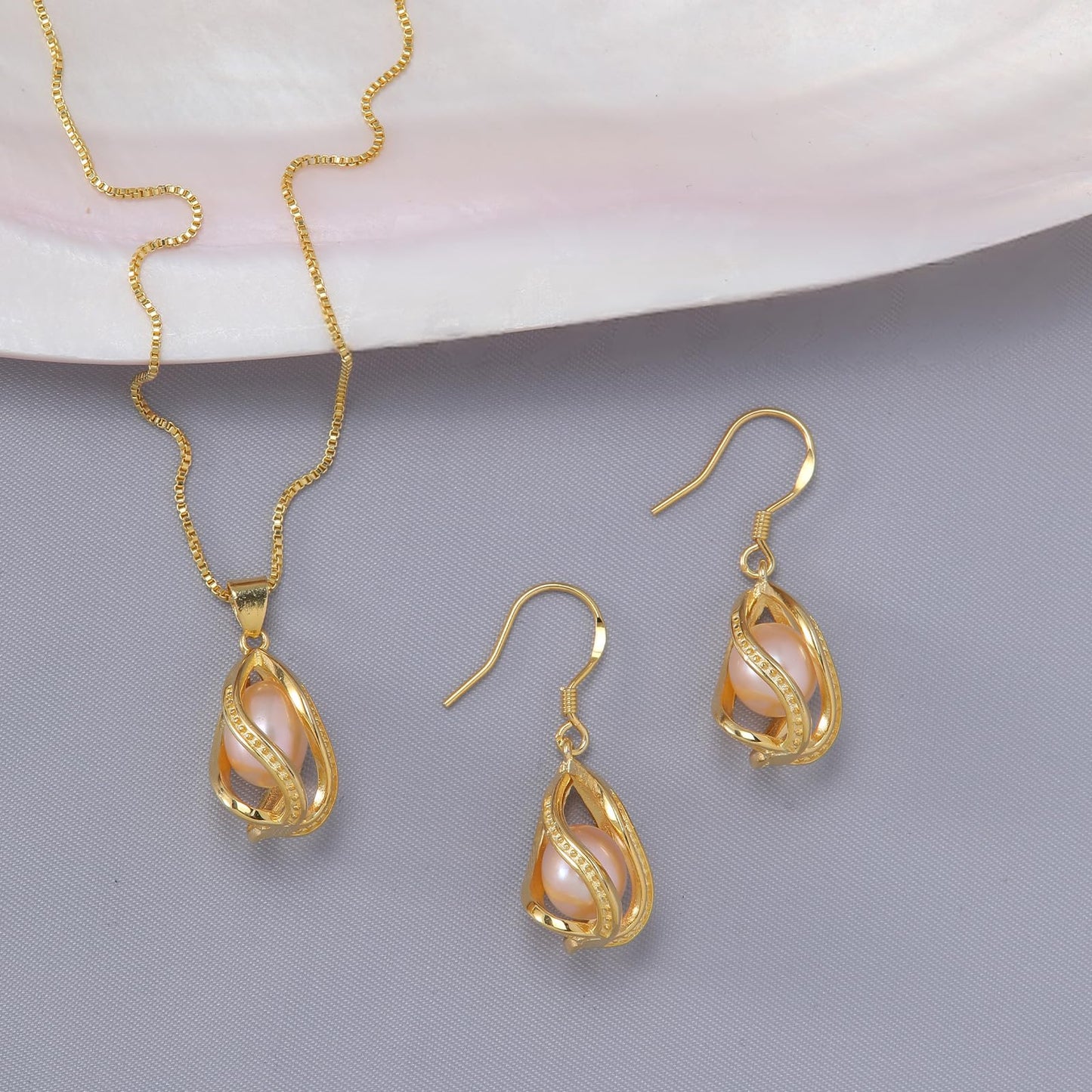 HENGSHENG Pearl Jewelry Set For Women 14K Gold Plated Necklace & Earrings Set Freshwater Pearl Pendant Cage Set for Wedding Anniversary Prom Birthday Gift - Golden Pink