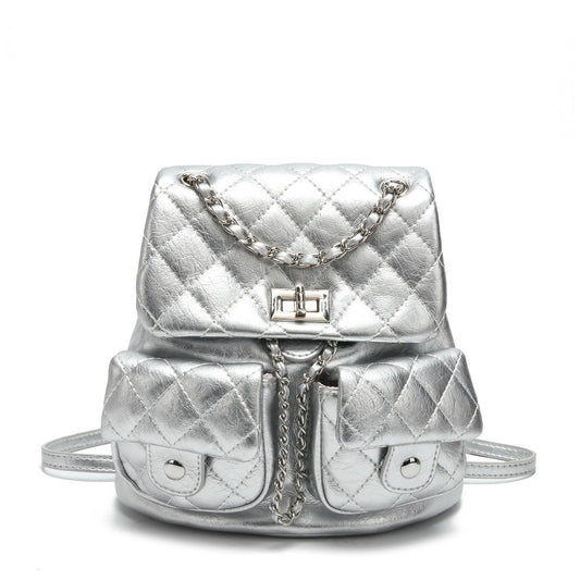 COC.EFRENAR Quilted Mini Backpack for Women, Chain Strap Small Purse with Flap Closure, Fashion Shoulder Bag Cute Travel Daypack(Silver)