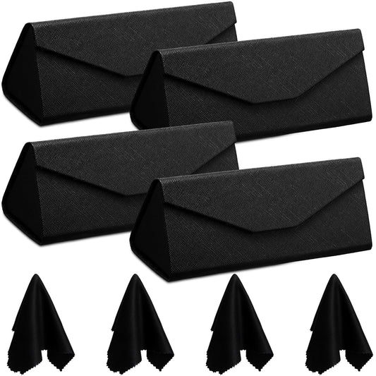 Flutesan 4 Pack Foldable Glasses Sunglasses Case PU Hard Shell Collapsible Eyeglasses Leather Case 4 Cleaning Cloths(Black Color)