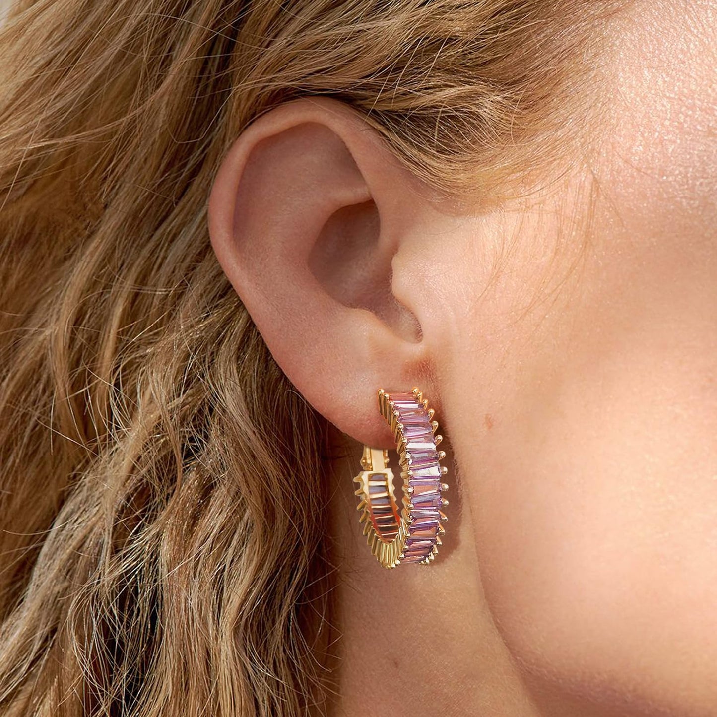 GLOQUAT Gold Purple Hoop Earrings 14K Gold Plated Amethyst Earrings for Women Purple Rhinestone Earring Lavender Earring Round Circle Hoops Vintage Baguette Cubic Zirconia Hoop Jewelry for Women 25mm