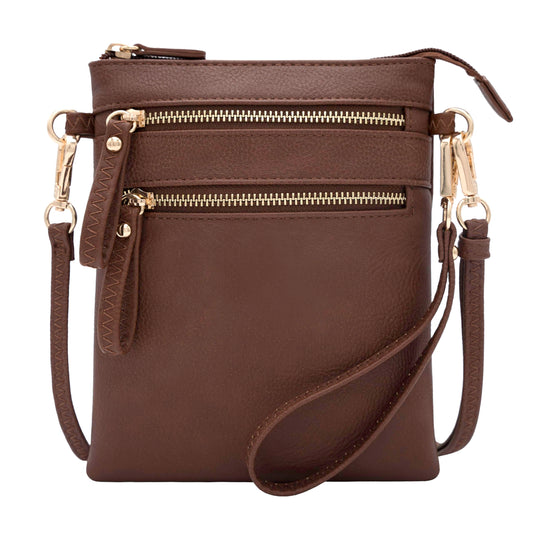Solene Women's Faux Leather Organizer Multi Zipper Pockets Handbag With Detachable Wristlet Crossbody Bag-WU002(Coffee)