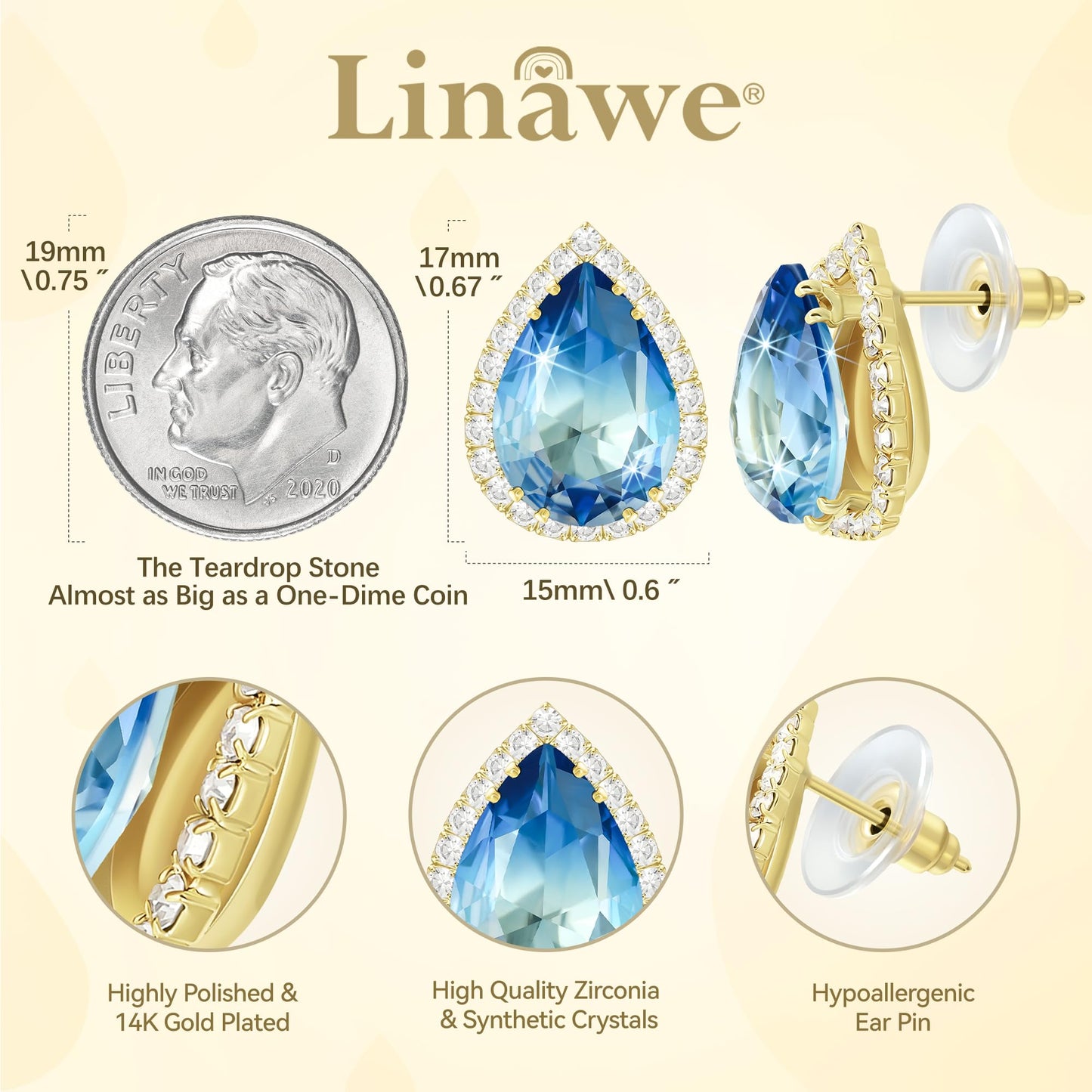 Linawe Aquamarine Blue Stud Earrings for Women Trendy, 14K Gold Cubic Zirconia Earrings Studs, Imitation Diamond Rhinestone Crystal Iridescent Cute Earrings Piercing Jewelry Set