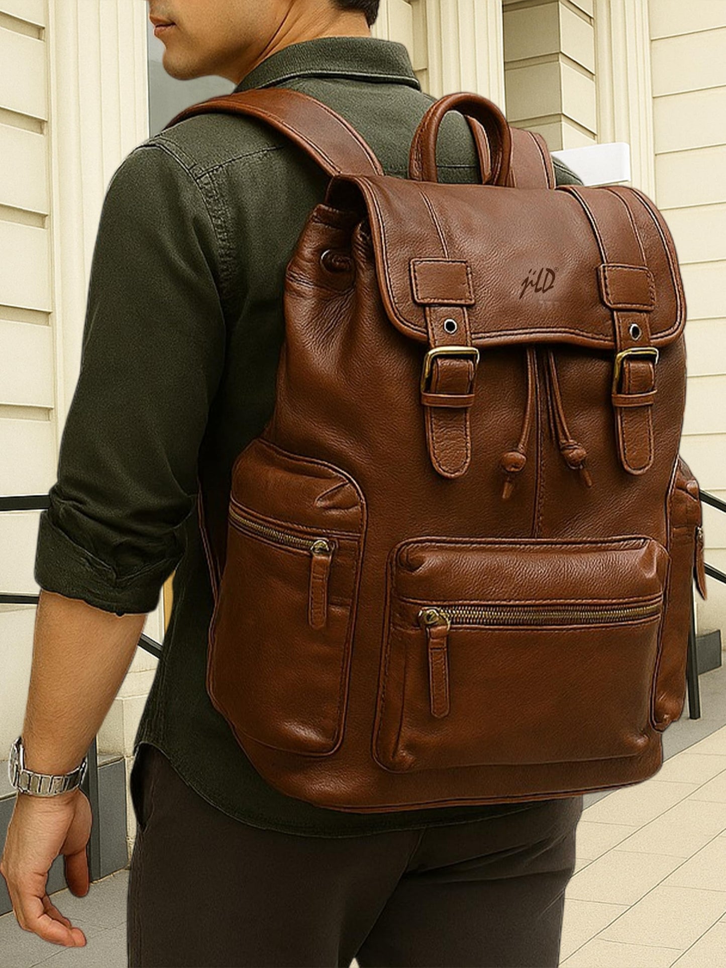 Jild Genuine Cow Leather Backpack for Men or Women — Vintage Backpack Hiking Camping Leather Rucksack Fits 15.6”-16” Laptop (Brown)