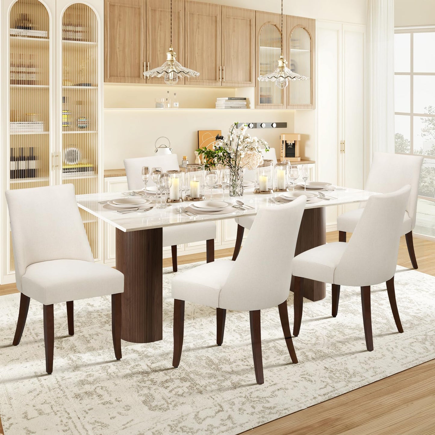 COLAMY Upholstered Dining Chairs Set of 6, Mid Century Modern Kitchen Chairs with Back, Farmhouse Fabric Side Dining Room Chairs with Wood Legs for Dining Room Restaurant, Beige