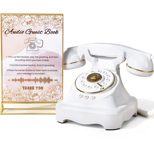 FiayaCom Audio Guest Book Wedding Phone with One-Touch Playback & Adjustable Volume for Wedding, Anniversary, Birthday Parties, Tattle Phone for Classroom(White+Sign)