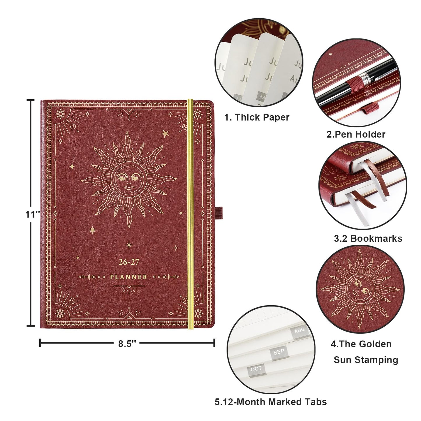 2026-2027 Planner - Academic Planner 2026-2027, 9" x 11", Jul. 2026 - Jun. 2027, Weekly and Monthly Planner 26-27, Leather Cover with Thick Paper, Back Pocket - The Sun