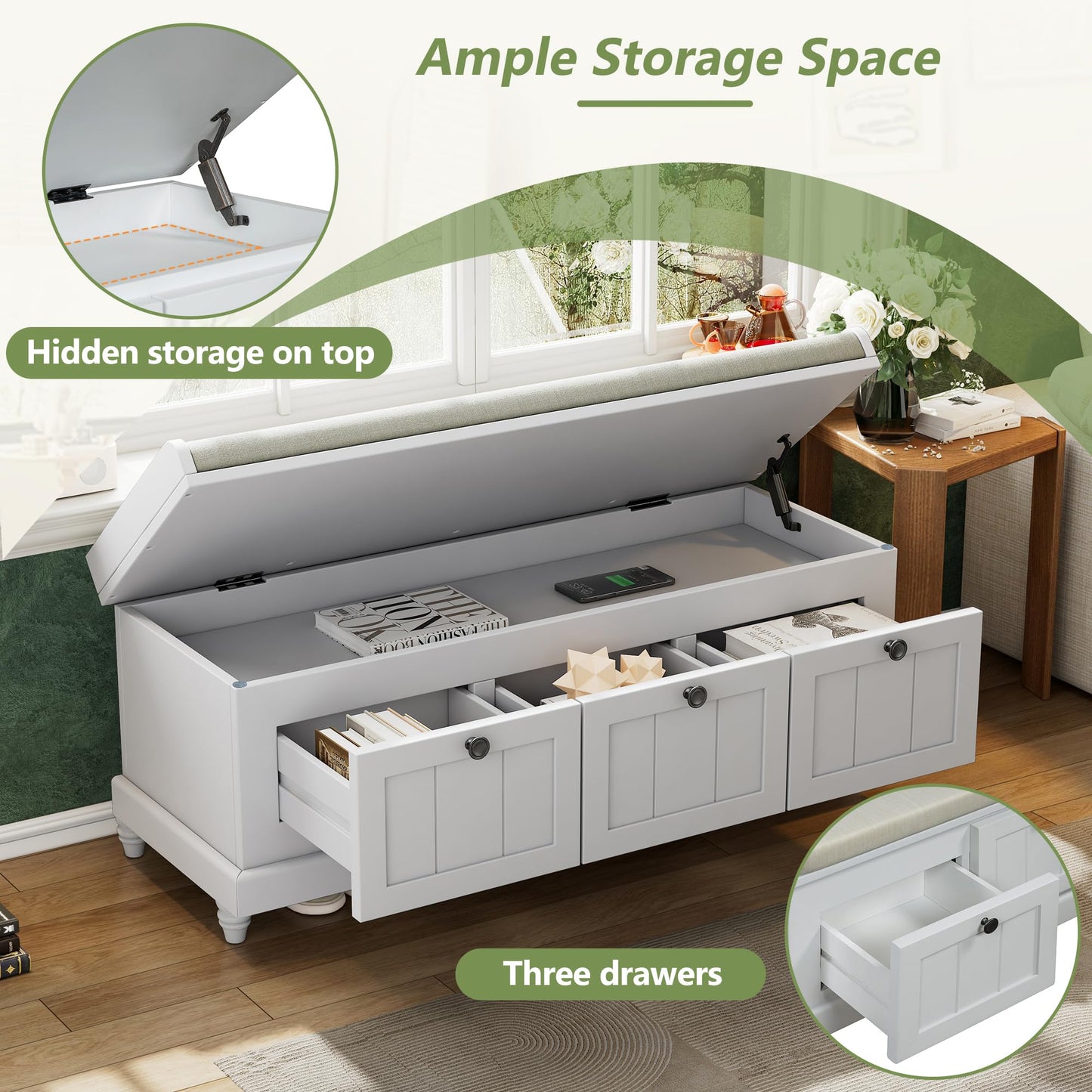 Merax Classic Storage Bench with Cushioned Seat and Three Drawers for Entryway & Living Room & Bedroom, Light Gray