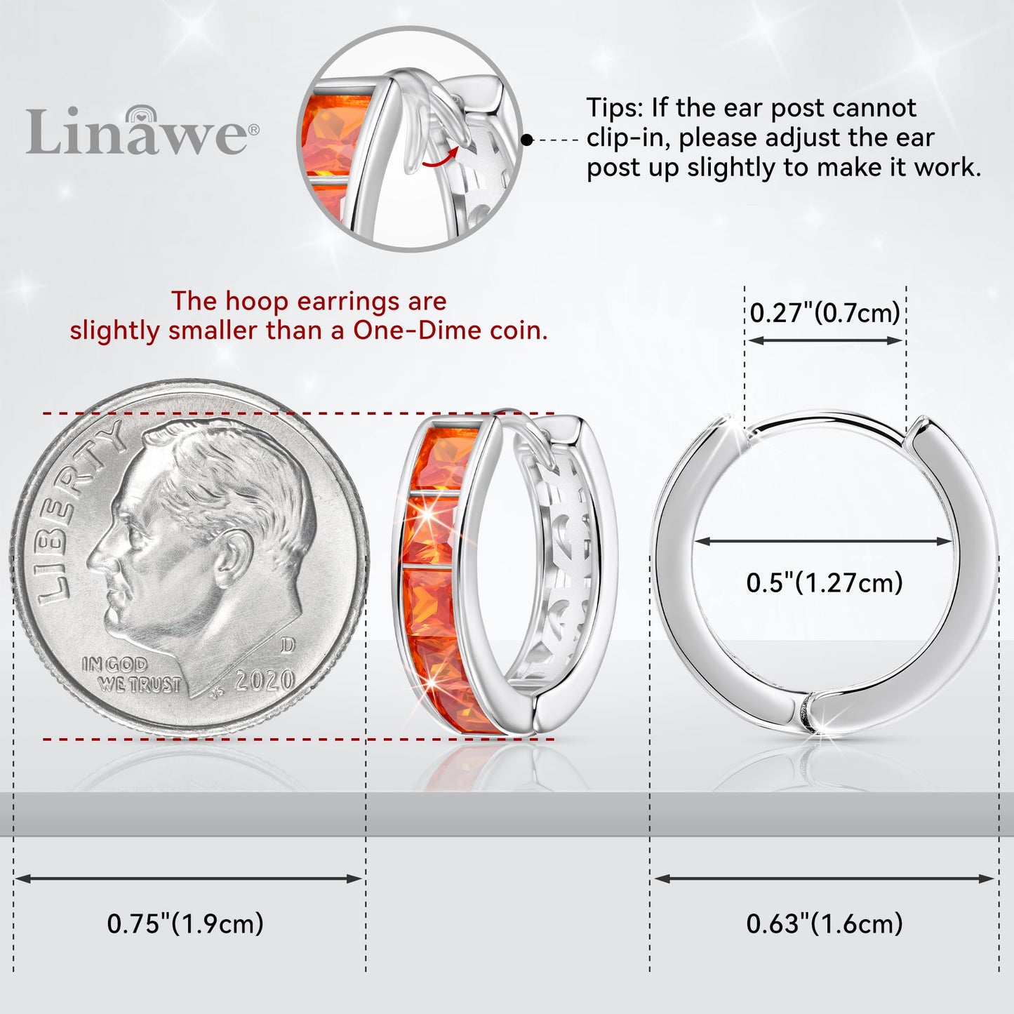 Linawe Silver Hoop Stud Earrings, Orange Cubic Zirconia Huggie Earrings for Women, Cartilage Tragus Piercing Jewelry, Imitation Diamond Rhinestone Crystal Birthstone Small Dainty Hoops