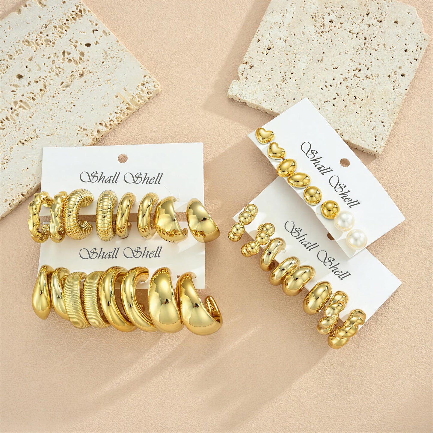 16 Pairs Starfish Chunky Gold Hoop Earrings Set for Women, Beach Shell Style Stack Statement Earrings, Hypoallergenic Lightweight Gold Plated Trendy Summer Jewelry Gift