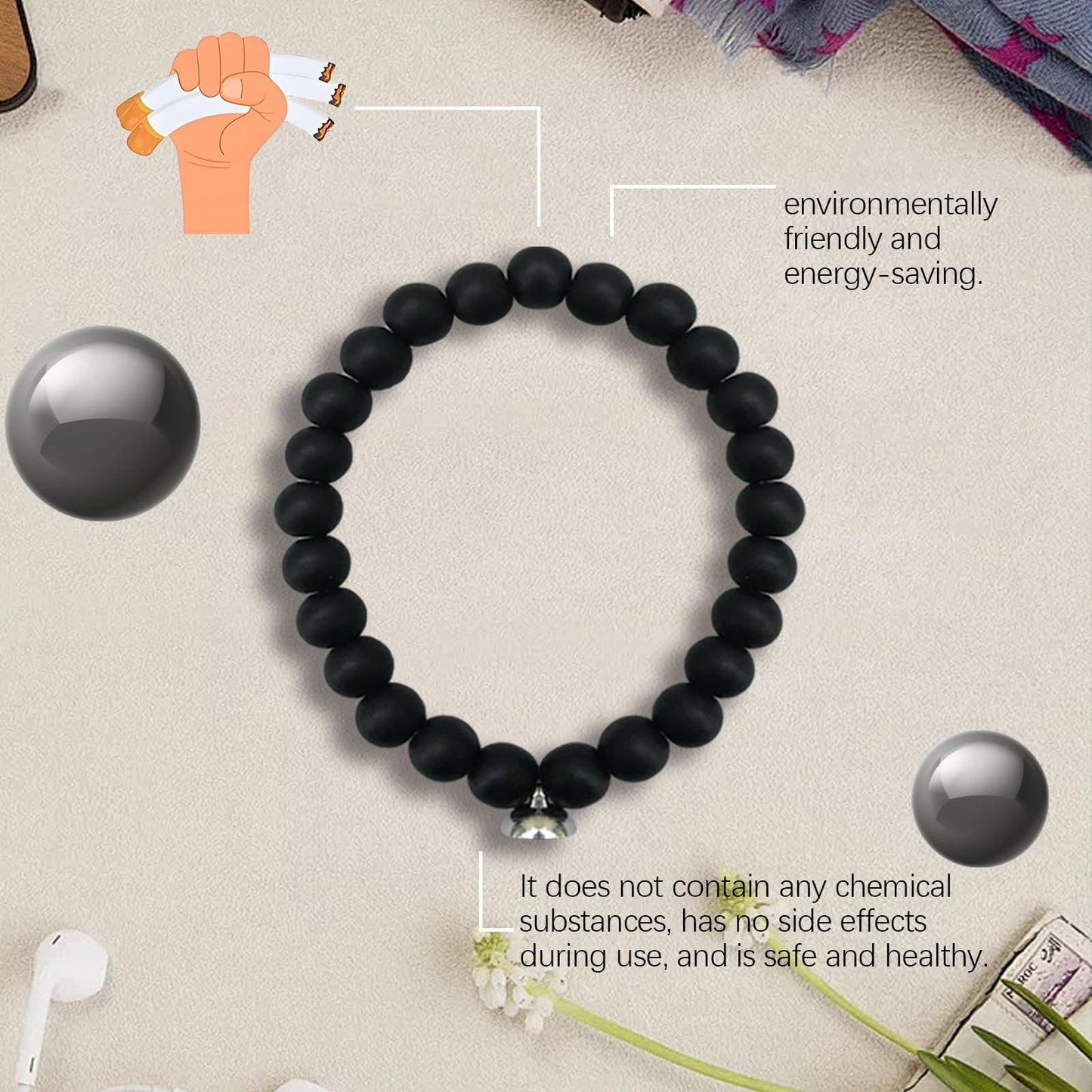Mengji Life Glame Anti Smoking Bracelets for Women Men, Magtherapy Quitting Bracelet Stretch Adjustable Stop Smoking Cessation Effective Handmade Jewelry Gifts (1pcs-black)