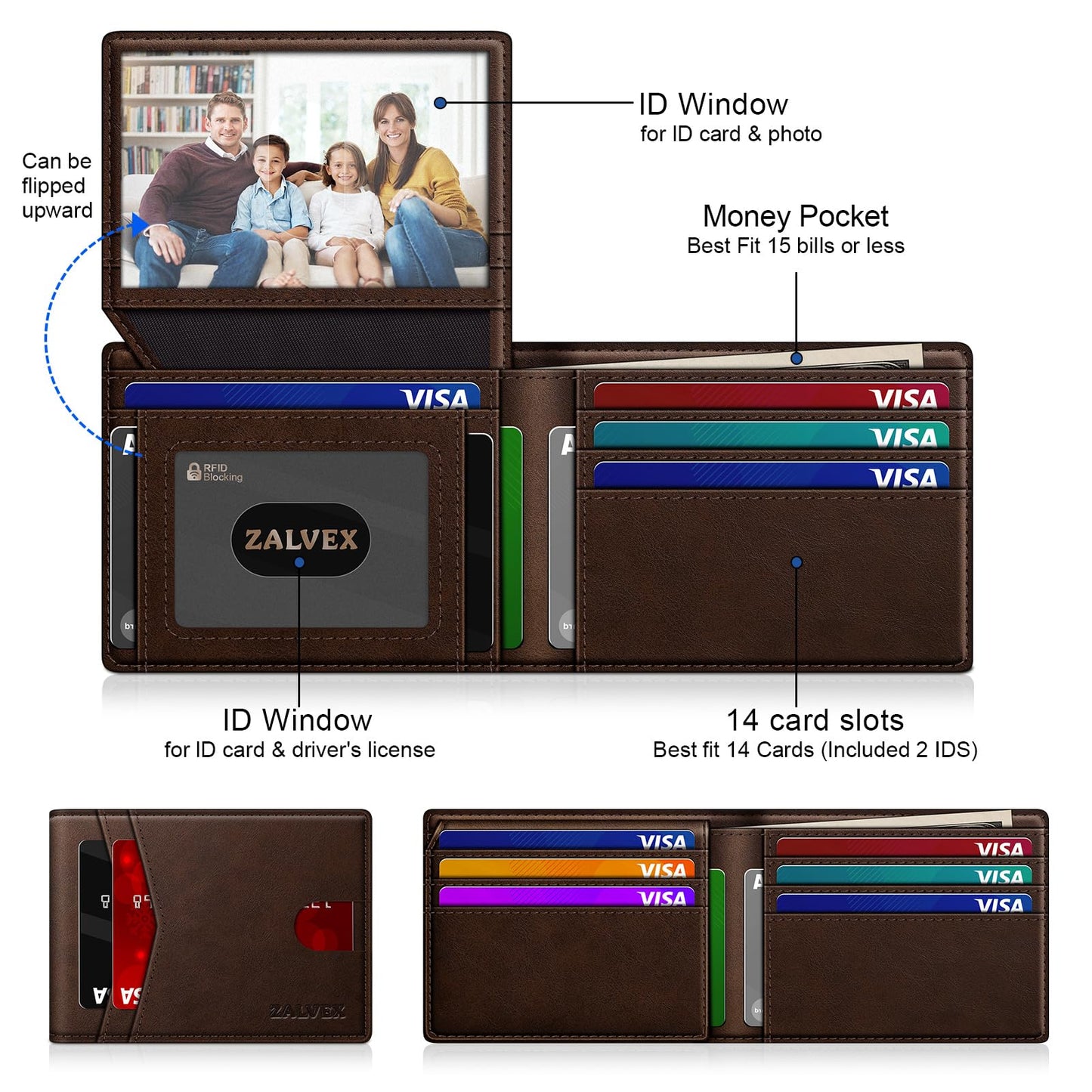 Wallet for Men Slim RFID Blocking Leather Credit Card Holder Wallet for 14 Cards, Bifold Minimalist Thin Wallet with 2 ID Windows & Cash Slot, Front Pockt Carteras Para Hombres, Birthday Gifts for Men