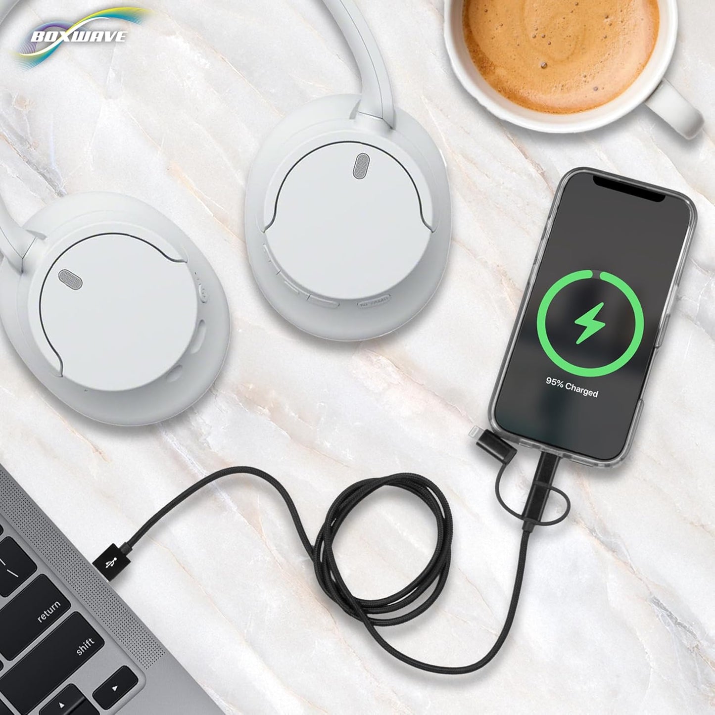 BoxWave MP3 3-in-1 Cable Compatible with RUIZU Kids Bluetooth Player - AllCharge Cable - Jet Black