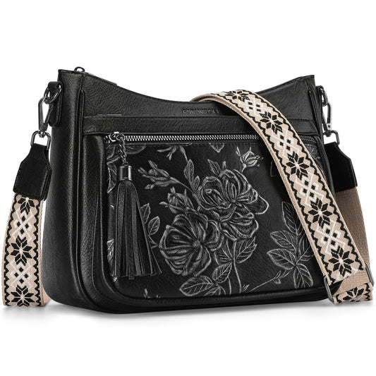 FORUWISH Crossbody Bags for Women, Black Silver Vegan Leather Medium Crossbody Purse, Spacious Daily Travel Shoulder Bag with Boho Strap