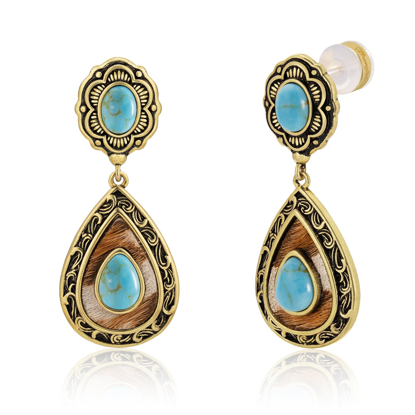 Wrangler Western TearDrop Dangle Earrings for Women Country Statement Genuine Horsehair Turquoise Vintage Cowgirl Cowboy Jewelry (Gold-Turquoise) WGE-2028G-TQ