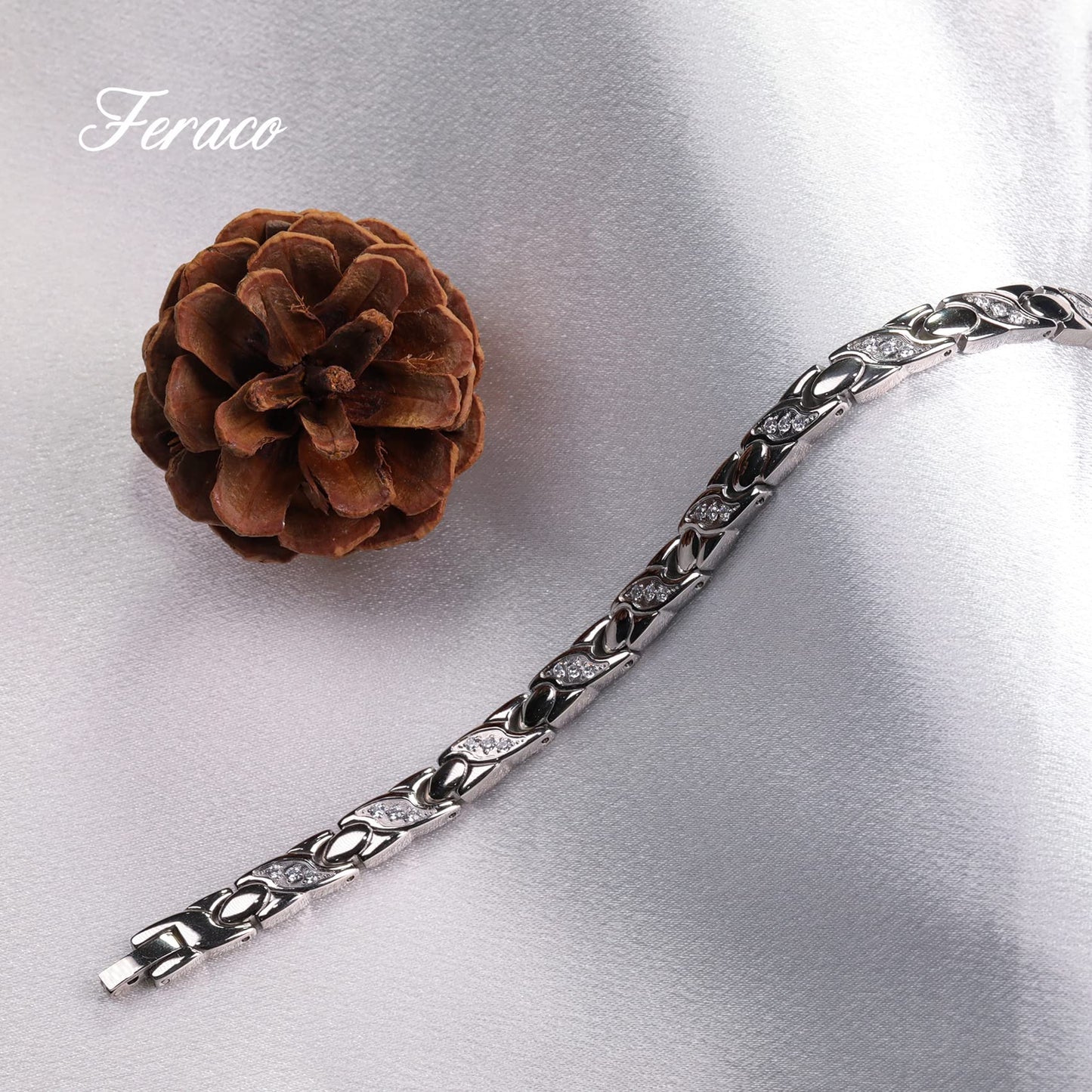 Feraco Magnetic Bracelets for Women Titanium Steel Bracelet with Ultra Strength Magnets & Sparkling Crystals Gifts for Women (Silver)