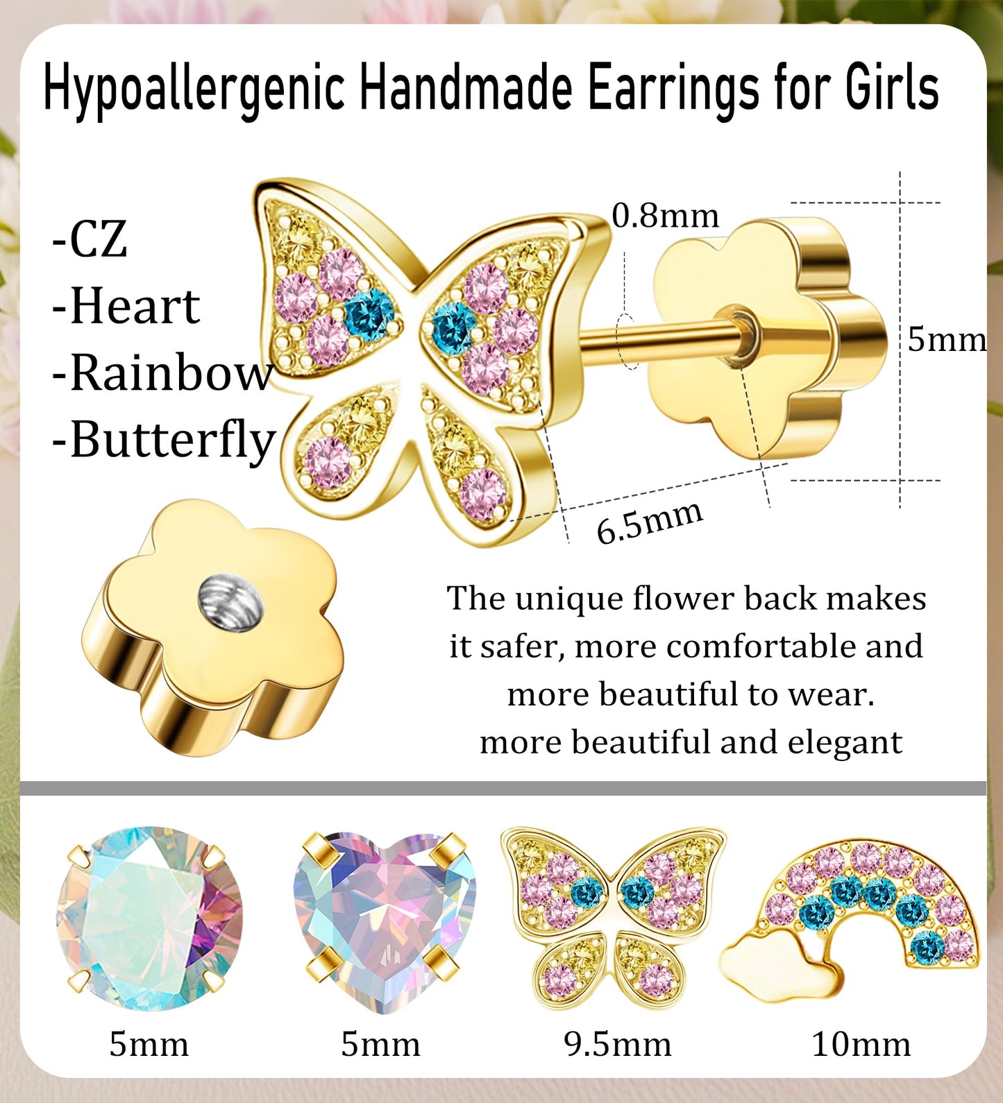 EQFE 4Pairs Hypoallergenic Earrings for Women14K Gold Flat Back Earrings 20G Screw Back Cartilage Earring for Sensitive Skin CZ Heart Butterfly 316L Stainless Steel Stud Earrings
