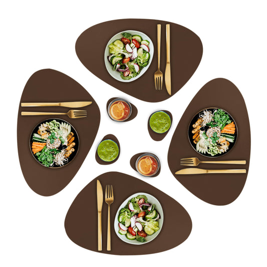 CaSail Faux Leather Placemats and Coasters - Set of 4 Round Modern Brown Table Mats for Dining - Heat Resistant, Waterproof & Non Slip Place mat for Indoor & Outdoor - Wipeable for Easy Care (Brown)