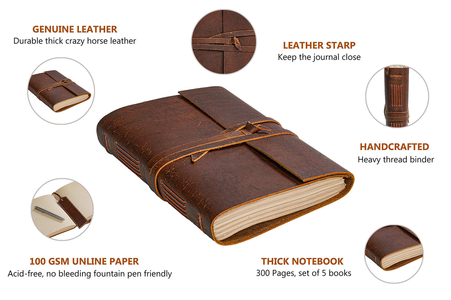HLC Leather Journal Notebook - Rustic Handmade Vintage Leather Bound Journals for Men and Women - Antique Craft Unlined Paper 300 Pages, Leather Book Diary Pocket book To Write In (7.5" x 10" Inch)