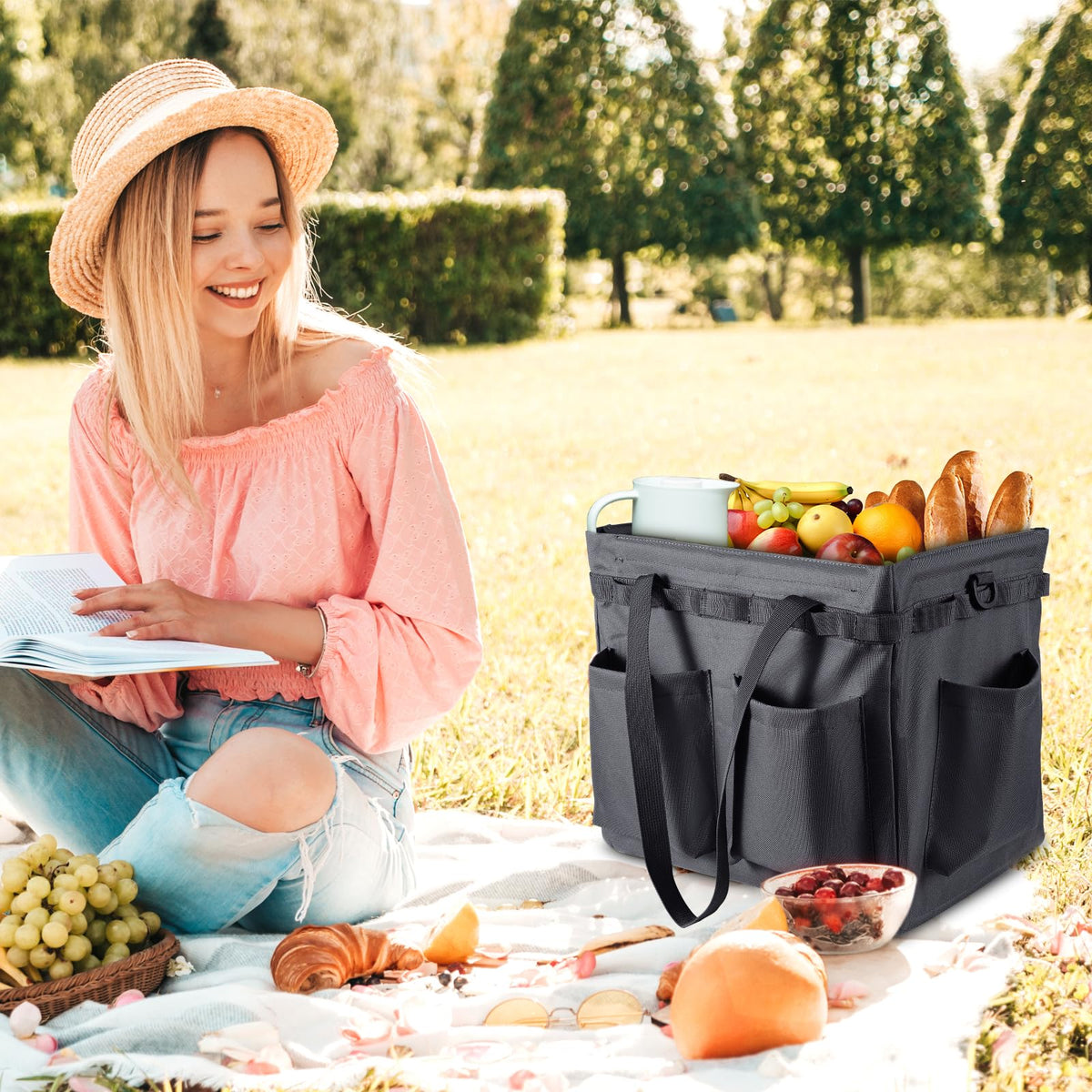 Car Trunk Organizer Multifunctional Storage Toolbox Carry Griddle,Large Grill Utensils Accessory Grilling Tools Basket Carrying Caddy Tool Tote Bag Storage Box Camp Cooking bbq Outdoor(Black)