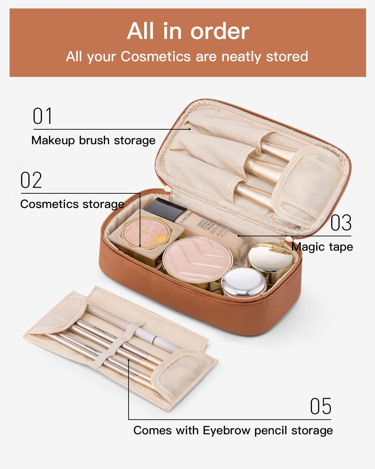 Vlando Travel Makeup Bag,Small Makeup Bag for Women,Gifts for Women Girls, Makeup Pouch Purse Travel Essentials Toiletries-Brown