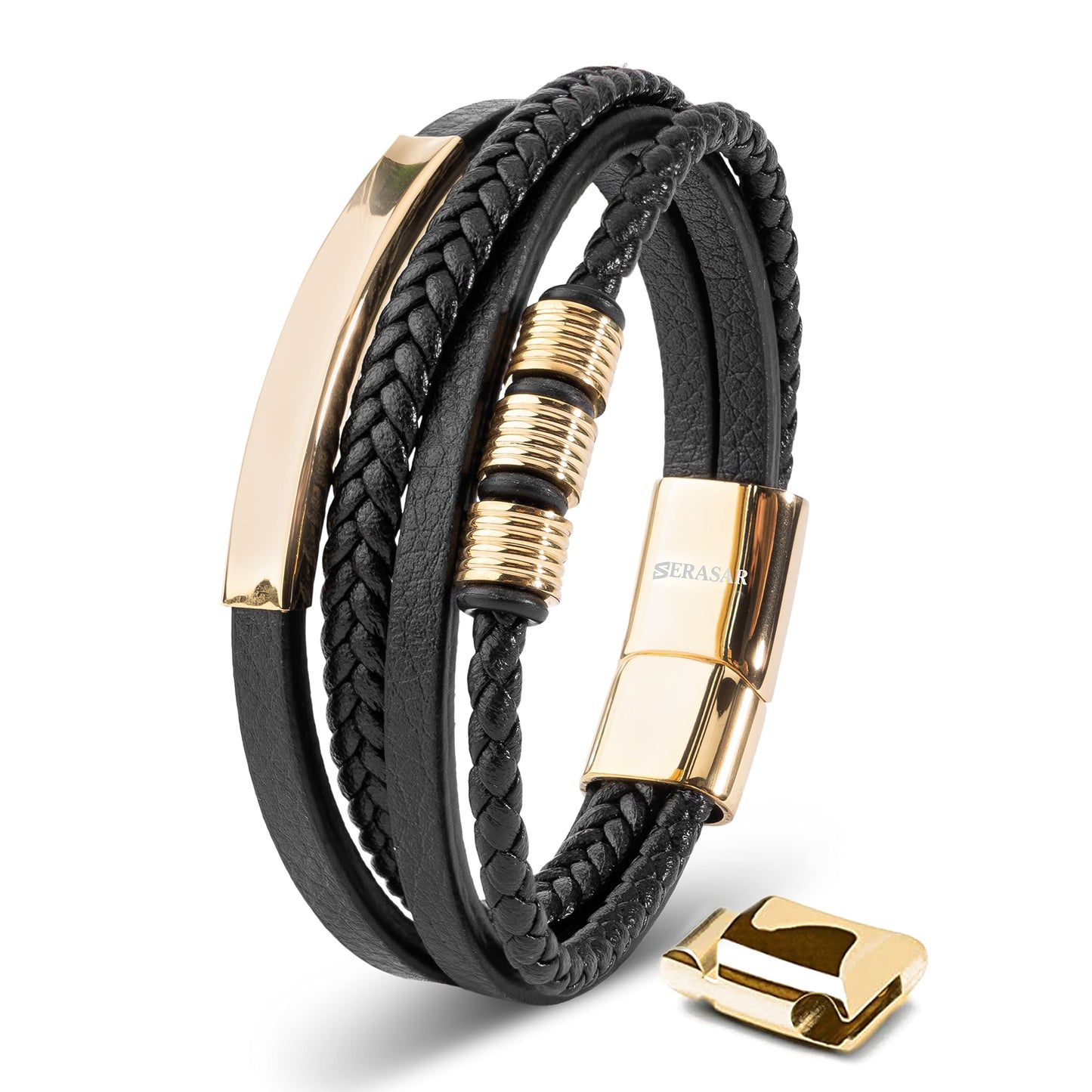 SERASAR Men's Bracelets 20cm Gold Gift Box Genuine Cowhide Leather Braided Adjustable Magnetic Clasp Multilayer Jewelry Rope Male Band Accessories